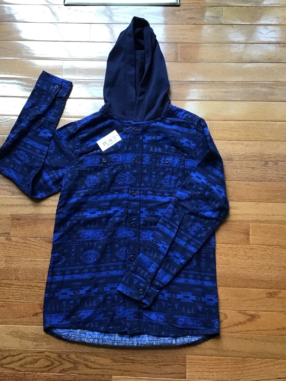 Place Blue and Black Hooded Button-Up with Geometric Print